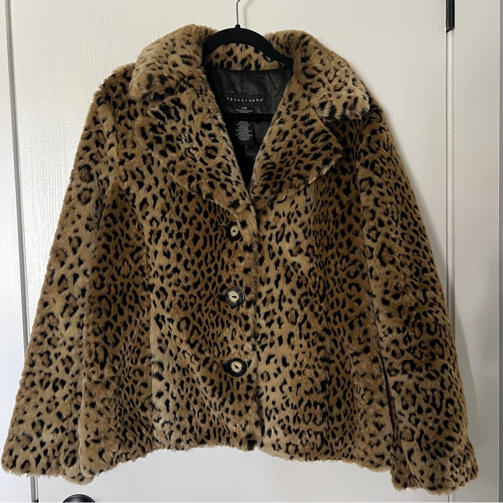 Leopard print faux fur button up coat jacket
